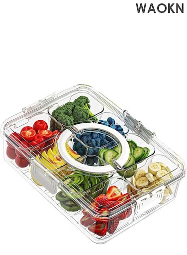 Household refrigerator fresh-keeping box, snack box container, split tray with lid and handle, 8-compartment snack box container, portable transparent snack storage for travel parties and picnics, candy and nut storage