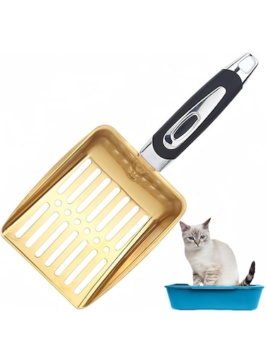 JDLYEVER Metal Cat Litter Scoop, Pet Cleaning Tool with Fine Mesh Holes for Quick Sifting and Sand Saving, One-Scoop Clean, Hygienic Storage with Hook, Ideal for Easy Pet Care, 25.2x10.8cm, (gold)