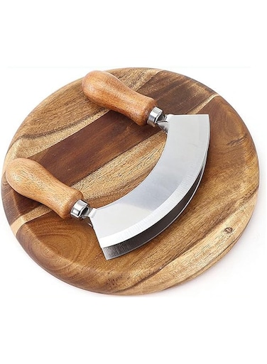 TERRIFI Double Blade Chopping Knife with Round Cutting Board, Stainless Steel Mezzaluna Pizza Cutter Rocker Knife, Salad Chopper and Mincing Knife Set