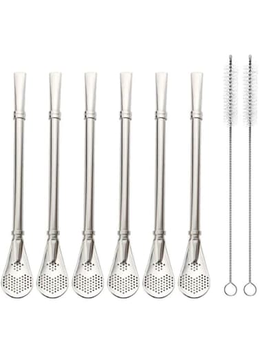 EvaGo Reusable Stainless Steel Drinking Straws with Filter Spoon 6 Pieces Yerba Mate Tea Bombilla Drinking Straws with 2 Pieces Cleaning Brushes Set, 6.1inch Long