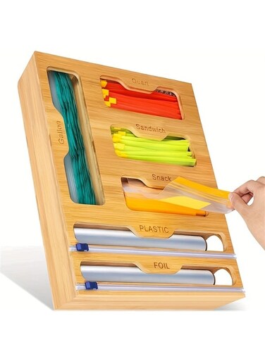 6-in-1 wooden food preservation bag storage box, with a wall-hanging design, makes it easier for you to use and store. The wooden material is environmentally friendly and highly safe.