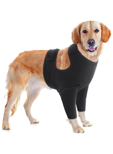 Dog Recovery Sleeve for Front Legs, Breathable Recovery Suit for Dogs After Surgery, Adjustable Dog Leg Sleeves to Stop Licking, Dog Elbow Braces Protector Dog Cone Collar Alternatives, Black XL