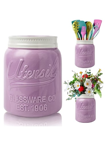 Comfify Wide Mouth Mason Jar Utensil Holder Decorative Kitchenware Organiser Crock, Chip Resistant Ceramic, Dishwasher Safe - Kitchen Caddy Purple, Large Size 18cm High