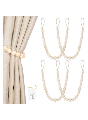 KLOGTSIND Wood Bead Curtain Tiebacks, Set of 4 Curtain Holdbacks for Thin or Thick Window Draperies, Boho Farmhouse Curtain Tiebacks with Hooks, Curtain Tie Backs for Home Office Room Decor