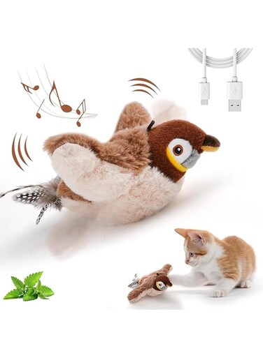Interactive Flapping Wings Chirping Cat Toy - Motion Activated Realistic Sparrow with Catnip, USB Rechargeable for Indoor Cats - Gift for Christmas, Thanksgiving, New Year