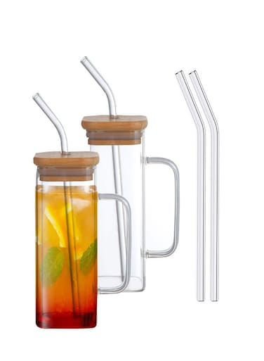 Set of 2- 400 ML Borosilicate Square Glass Drinking Jars with Bamboo Lids, Glass Straws &amp; Handles. Can-Shaped Drinking Cups for Juices, Coffee, Iced Tea &amp; Smoothies