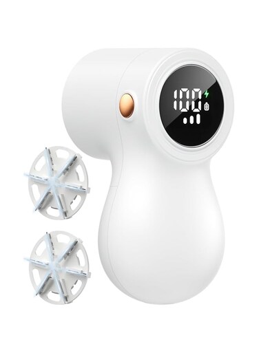 KOWVOWZ Portable Fabric Shaver and Lint Remover with LED Digital Display, 3-Speeds, Adjustable Shave Height Fuzz Bobbles Trimmer with Extra Blade for Clothes and Multi Fabric (White)