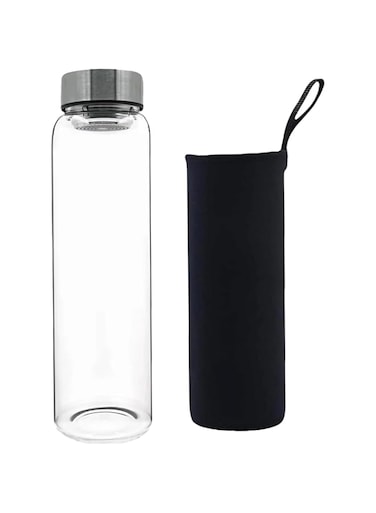 HENGFEI Glass Water Bottle 1 Liter with Steel Lid，Clear Borosilicate Glass Drink Bottle with Infuser and Travel Sleeve.