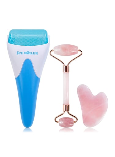 Set of 3 Facial Ice Roller, Two-Sided Jade Roller and Gua Sha Set Massage Tool, Rolling Tool for Facial Beauty and Body Massage, Helps Reduce Puffy