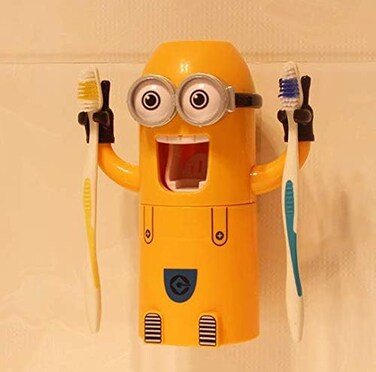 Cartoon Little Yellow Man Toothbrush Holder Set with Automatic Toothpaste Dispenser  Fun &amp; Practical Bathroom Organizer for Kids Hands-Free Toothpaste Squeezer