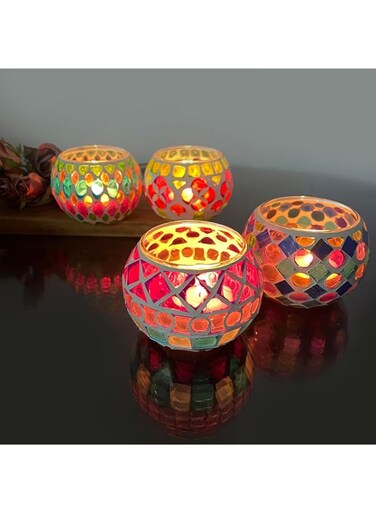 Glass Votive Candle Holder 4pcs Colorful Mosaic Tealight Candle Holders, Handmade Cracked Round Tea Candle Lamps, Small Vintage Candlestick Set for Table Centerpiece Wedding Birthday Party Decor Gift