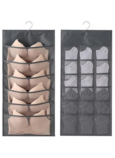 Erweicet Closet Hanging Organizer for Undergarments, Wall Shelf Wardrobe Storage Bags for Storing Socks, Underwear with Hooks, Grey