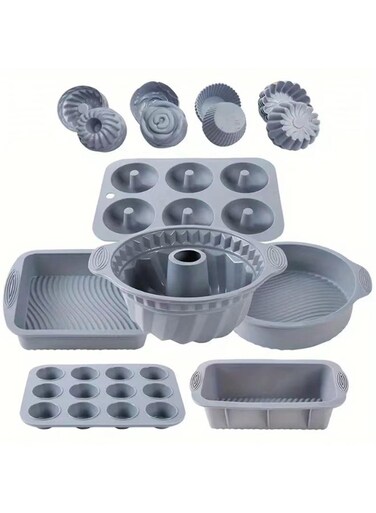 Nonstick Silicone Bakeware Set With Baking Pan, Silicone Cake Molds, Baking Sheet, Donut Pan, Silicone Muffin Pan,Cake Pan, And 24 Pack Silicone Cupcake mould Baking Cups(Color:GR