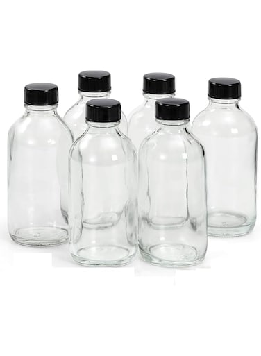 150ml Glass Bottles with Black Plastic Lids, 6 Pcs&ndash; Leak-Proof Small Round Glass Jars for Water, Juice, Oil, Spices, Condiments, DIY Beauty Products, Kitchen Storage, Travel, and Pantry Organizer