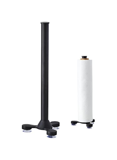 Paper Towel Holder Countertop, Standing Paper Towel Roll Holder for Kitchen Bathroom, Paper Towel Holder Stand with Weighted Base Suction Cups, Stainless Steel Paper Towel Holder (Black)