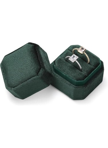 Tufexigo Velvet Ring Box, Octagon Velvet Jewelry Ring Box Storage 2 Slots Ring Holder Box for Proposal, Engagement, Wedding Ceremony (Green)