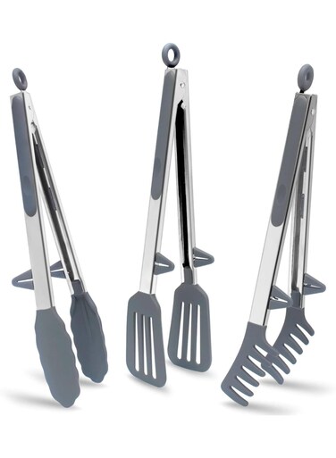 Tongs for Cooking, 12" Kitchen Tongs with Silicone Tips, Food Grade Serving Tongs Set of 3, Grey