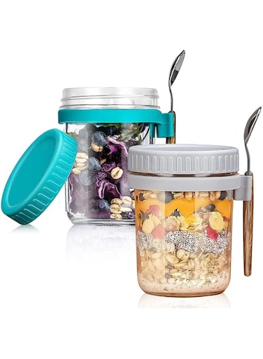 FUFU 2 Pack Overnight Oat Container with Lid and Spoon, 10 Oz Glass Mason Overnight Oats Jars, Container with Measurement Marks, Portable Large Capacity Airtight Oats Jar for Milk, Cereal, Fruit