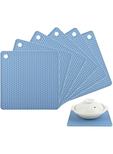 IFFMYJB Silicone Trivets Mats Set of 6, Square Honeycomb Multi-Purpose Mat Heat Resistant to 480&deg;F, Non-Slip Jar Opener, Hot Pats and Pans, Drying Mat, Gripper Pad, Dishwasher Safe ( Blue)