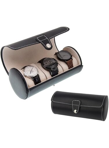Arabest Watch Box, 3 Bit Cylindrical Watch Travel Case, Top Grade Pu Jewelry Bracelet Storage Box (Black)