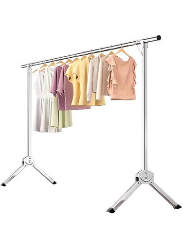 Beauenty 95 Inches Clothes Drying Rack Clothing Folding Indoor Outdoor,Single pole Duty Stainless Steel Laundry Drying Rack,Foldable Portable Garment Rack with 10 Windproof Hooks