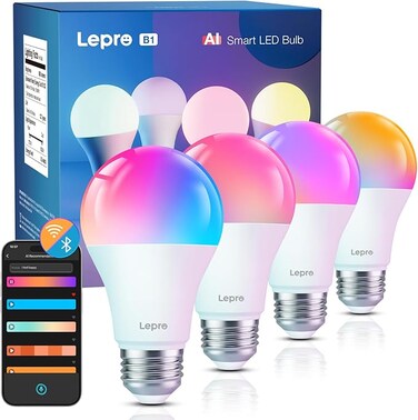 Lepro B1 AI Smart Bulb E27, 806LM 8.5W (Replace 60W), Music Sync Smart Screw Bulb, Voice Control Bluetooth &amp; WiFi Bulb, Personalized AI Lighting Designer, Work with Alexa &amp; Google Assistant, 4 Packs