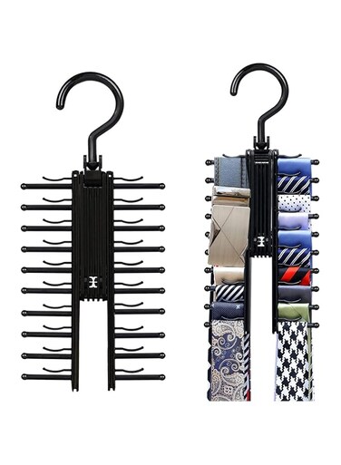 Tie Rack Hanger, Cross Tie Hanger, 20 Tie Belt Rack Organizer Hanger for Men Closet Space Saving Rack Non-Slip Clips 360-degree, ABS Resin Plastic, Rotate Hanger Tie Display Holder (2pcs) (Black)