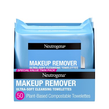 NeutrogenaMakeup Remover Wipes, Ultra-Soft Cleansing Facial Towelettes for Waterproof Makeup, Alcohol-Free, Plant-Based, Twin Pack, 25 Count (Pack of 2)