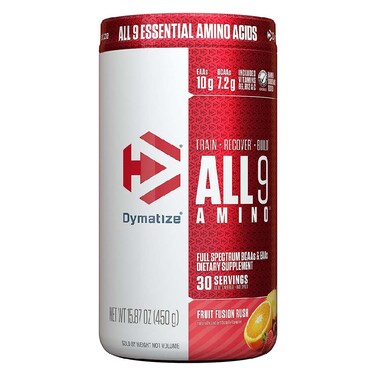 Dymatize All 9 Amino Full Spectrum BCAAs &amp; EAAs Sports Supplement For Recovery, Fruit Fusion Rush 450g