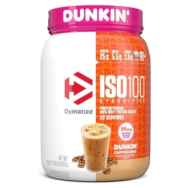 Dymatize x Dunkin' Cappuccino ISO100 Whey Protein Powder, 95mg Caffeine, 25g of Protein, 20 Servings, 5.5g BCAAs, 120 Cal., Gluten Free, 1g Fat, 1g Sugar, 2g Carb