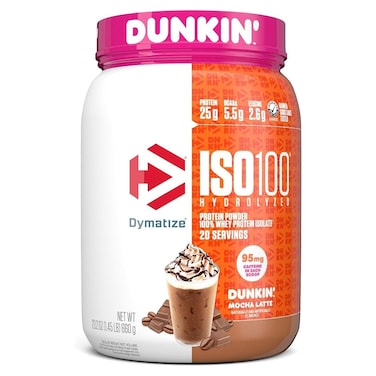 Dymatize x Dunkin' Mocha Latte ISO100 Whey Protein Powder, 95mg Caffeine, 25g of Protein, 20 Servings, 5.5g BCAAs, 120 Cal., Gluten Free, 1g Fat, 1g Sugar, 3g Carb