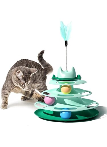 Interactive cat toy room, Level 4 turntable toy ball, 3 colored balls, round track roller toy with cat feather stick