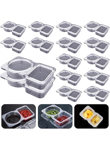 Tazweeq 15Pcs Double Compartment Condiment Containers with Lids, Disposable 2-Compartment Snack Container, Reusable Plastic Snack Container For Sauces, Sampling, Travel Snacks