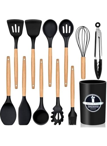 LLC Kitchen Utensil Set Silicone Cooking Spoon 12 Pieces BPA-Free FDA Heat-Resistant Wooden Handles Cooking Tool Silicone Turner Spatula Spoon for Non-Stick Cookware