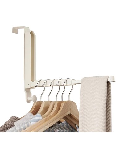 Tazweeq 1 Pack Over The Door Hooks, Hanger Fit Door Up to 1 3/4" Optimal 1pc,Over The Door Hanger with Retractable Rod,Foldable Over The Door Drying Rack for Laundry Bathroom Bedroom (Milky White)