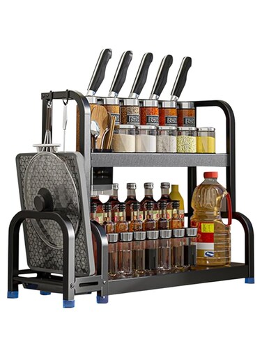 Beauenty 2 Tier Countertop Spice Rack, Black, Carbon Steel, 40 * 18 * 42 cm, Kitchen Organization, Spice Storage, Utensil Holder