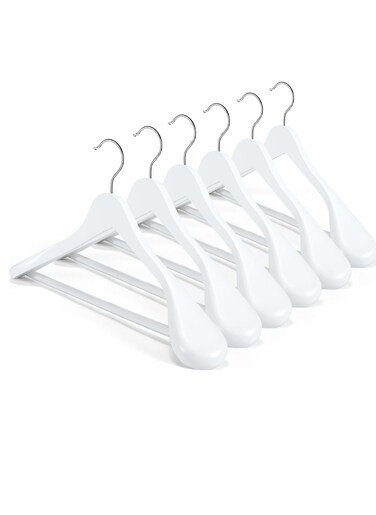 HOUSE DAY High-Grade Solid Wood Coat Hangers for Women, Wide Shoulder Wooden Hangers, Suit Hangers with Non Slip Pants Bar, Smooth Finish 360&deg; Swivel Hook for Dress, Heavy Clothes Hangers 6 Pack White