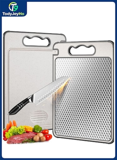 Double Sided 304 Stainless Steel &amp; Wheat Straw Cutting Board, 14.4"*9.8" Non Toxic Chopping Board, Separately Handle Meat and Vegetables, Dishwasher Safe, Scratch Resistant Mesh Design