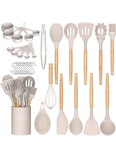 ARCHAEOPTERYX Kitchen Cooking Utensils Set, 33 pcs Non-Stick Silicone Cooking Kitchen Utensils Spatula Set with Holder, Wooden Handle Silicone Kitchen Heat Resistant Gadgets Utensil Set (Khaki)
