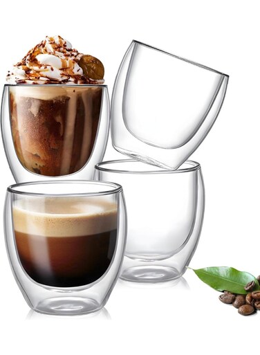 Double Walled Glass Coffee Mugs, Insulated Layer Coffee Cups, Clear Borosilicate Glass Mugs, Turkish Tea, Espresso Coffee Cups - Heat Resistanr Double Layer Coffee Mugs, Gift for Cappuccino, Tea, Latte, Espresso   2 PCS - 250ML