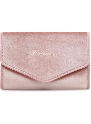 Travel Jewelry Organizer, Fashion Foldable Jewelry Roll Pouch, Foldable Traveling Jewelry Wallet Envelope for Rings, Necklaces, Earrings, Bracelets, brooches, Mini, Soft Pink