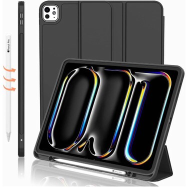 TRON iPad Pro 13 Inch Case M4 (2024) with Pencil Holder, [Support Pencil Pro and Pencil (USB-C)], Trifold Stand Smart Case with Soft TPU Back, Auto Wake/Sleep (Black)