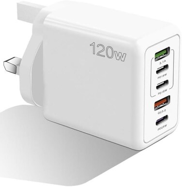 5 Port USB C Fast Charger 120W with PD &amp; QC 3.0 Wall Adapter with Cable for iPhone, iPad, Samsung, Huawei, Laptops White