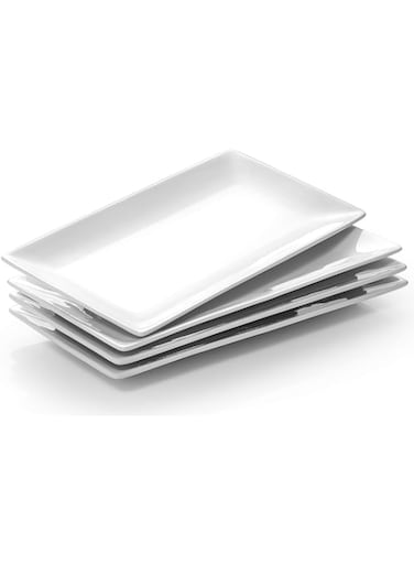 DOWAN Porcelain Rectangle Serving Plates - 9.7 Inches White Serving Platters, Restaurant Plates for Meat, Appetizers, Dessert, Sushi, Party, Set of 4