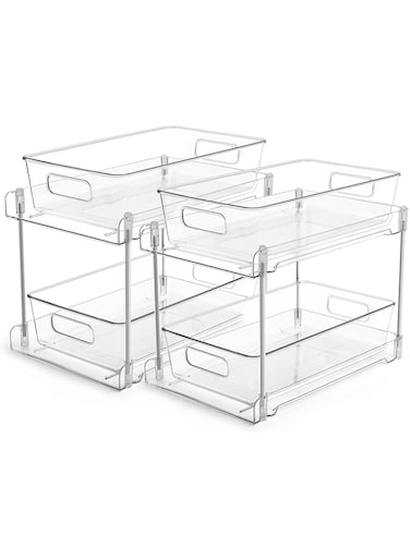 Vtopmart 2 Tier Bathroom Storage Organizer, 2 Pack Clear Under Sink Organizers Vanity Counter Storage Container, Medicine Cabinet Drawers Bins, Pull-Out Organization with Track for Pantry, Kitchen