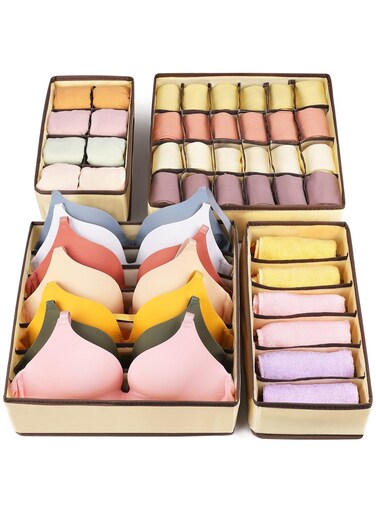 Underwear Drawer Organizer, Closet Underwear Organizer, 4 Pcs Foldable Drawer Organizers for Clothes, Socks, Lingerie, Underwear, Ties (Beige)