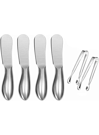 ELECDON Spreader Knife Set, 6 Pack Cheese Butter Spreader Knives, and Mini Serving Tongs, Stainless Steel Multipurpose Butter Knives, Suitable for Home or Cake Shop
