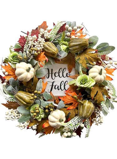 Bibelot Hello Fall Wreath 22&rsquo;&rsquo; Autumn Front Door Wreath, Harvest Wreath with Various Pumpkin Cluster of Berries Maple Leaves Pine Cones for Outside Indoor Wall Thanksgiving Fall Autumn Decor