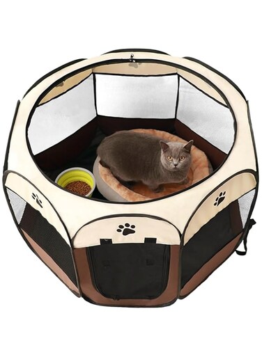 L DDLPOCKET Foldable Pet Playpen - Portable Tent for Dogs and Cats   Water Resistant   Removable Shade Cover   Ideal for Indoor/Outdoor Use (Brown, 91CM*91CM*58CM)