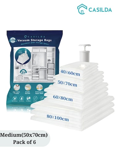 Casilda Space Saver Vacuum Storage Bags with Hand Pump, Vacuum bag Reusable for 80% more Space for Packing Clothes, Blankets, Pillows, Bedding and Travel 50x70 cm &ndash; Medium, Set of 6